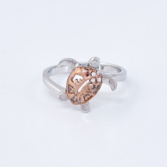 Vintage Sterling Silver 925 Cubic Zirconia Two-Tone Sea Turtle Ring Size 8 - Picture 2 of 9